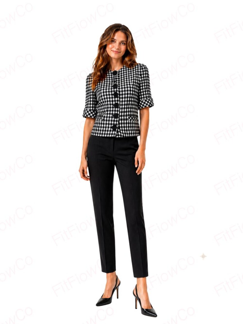 Evan Picone Petites Black White Check Cropped Jacket 6P Button Front